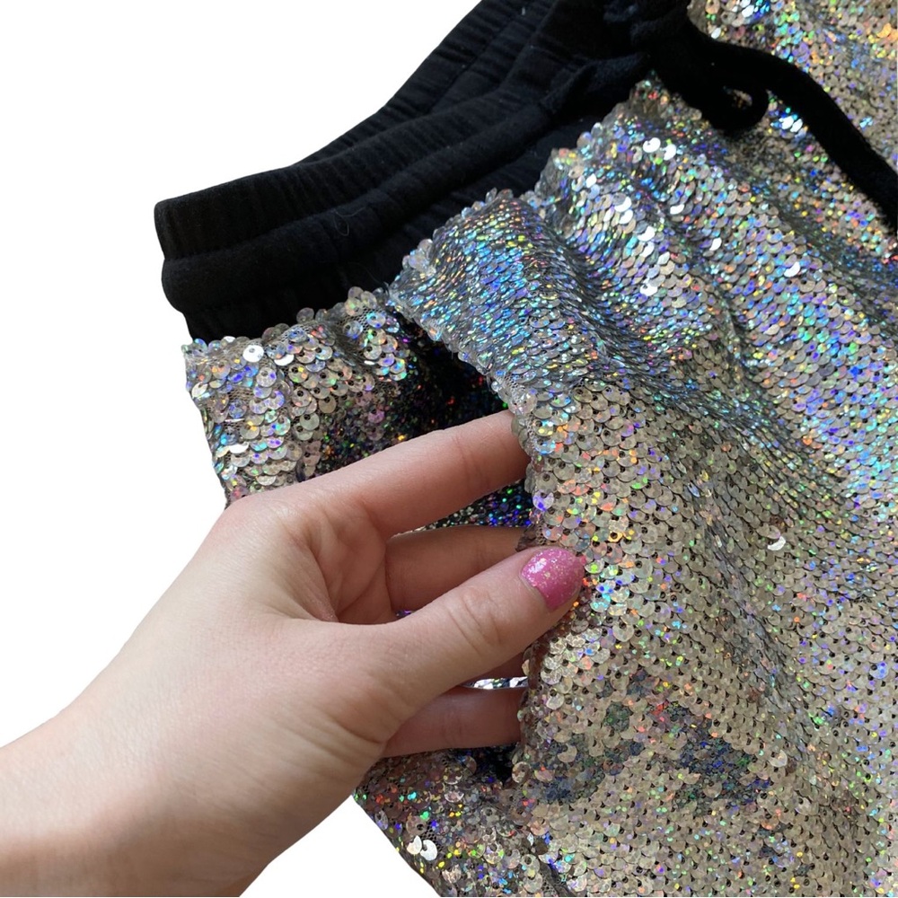 Women Sequin Holographic Sweatpant Size XS Rainbow Silver Jogger Pant Festival - Picture 12 of 15